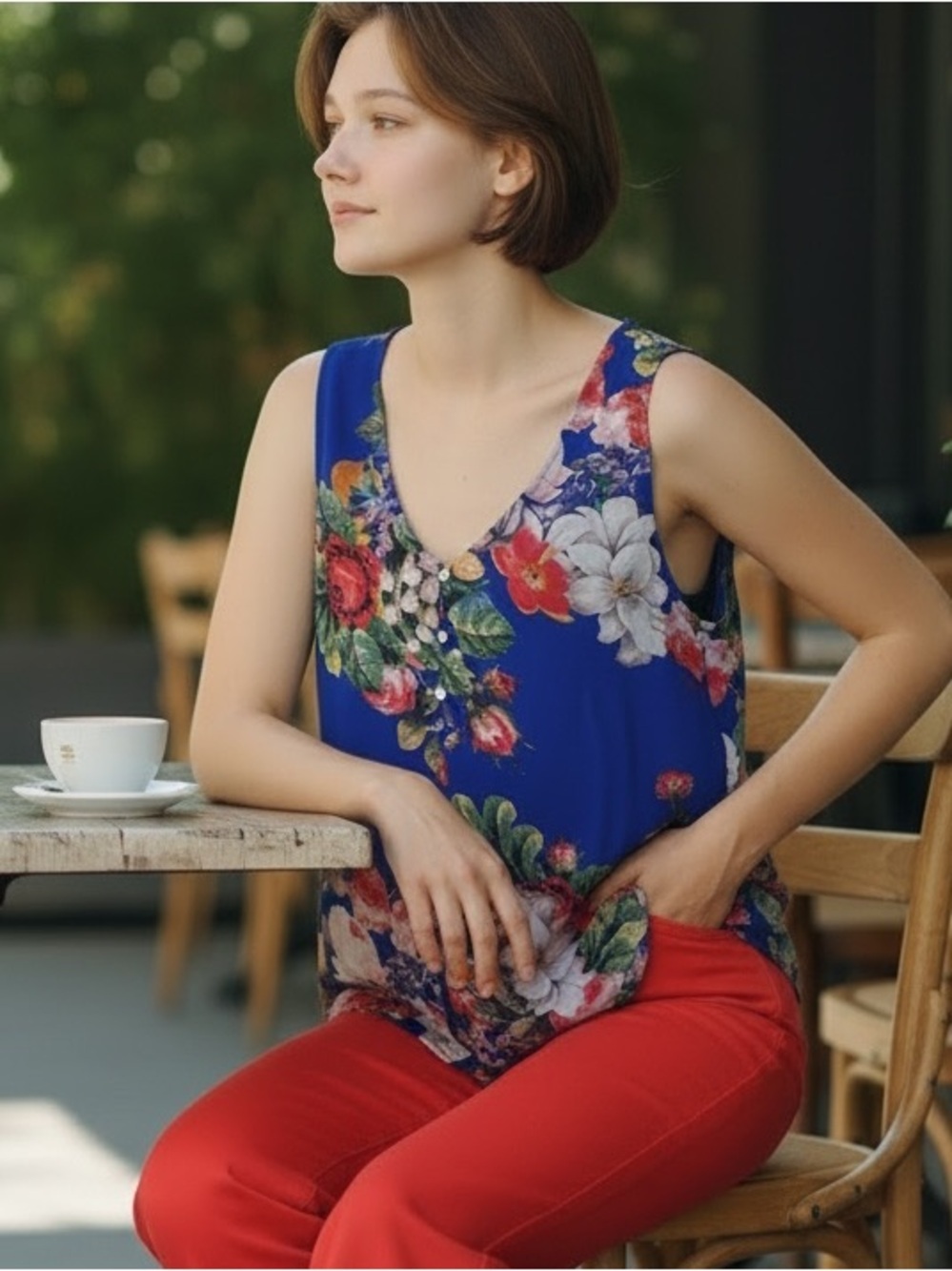 Vibrant Blue Floral V-Neck Tank Top